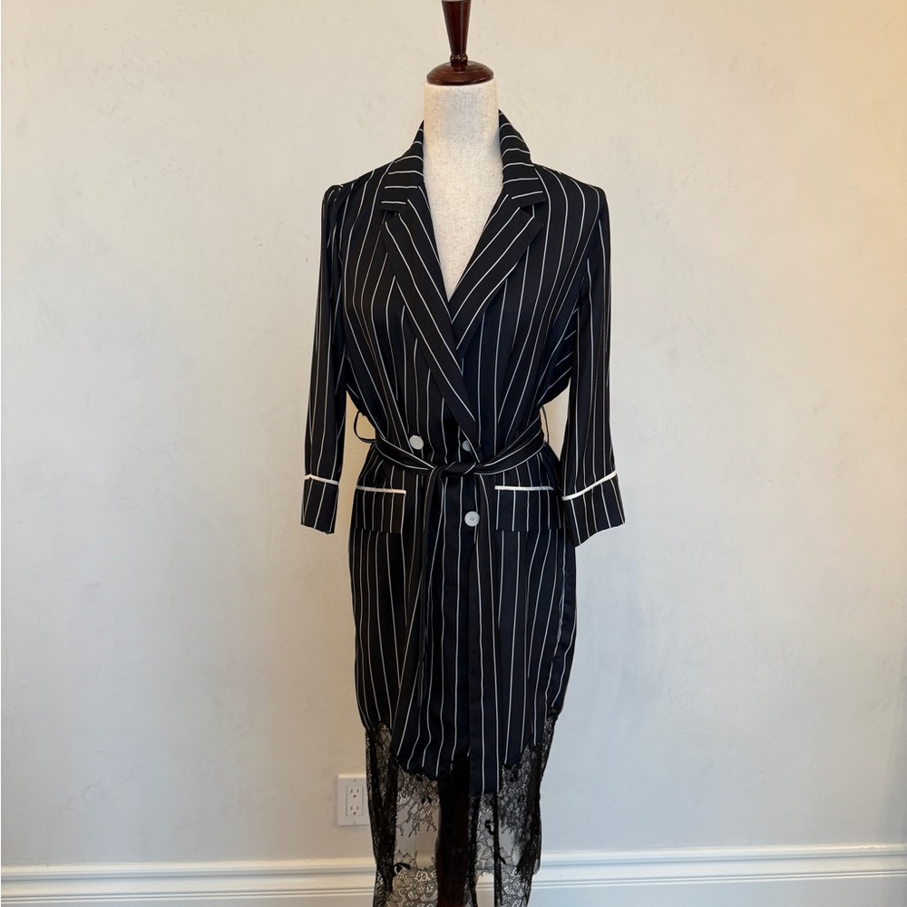 Navy and White Striped Blazer Dress with Lace Hem